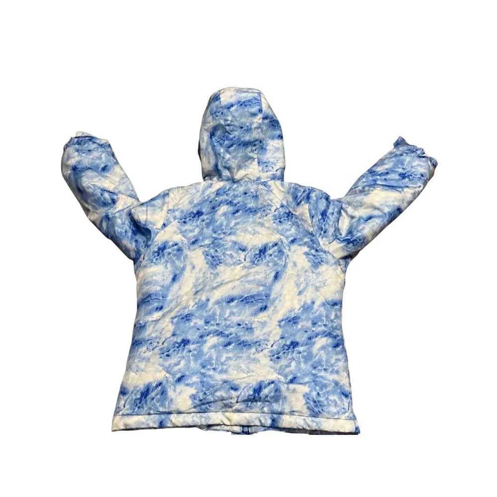 Childrens Place Blue White Marble Print Hooded Puffer Jacket Kids Size M 7/8